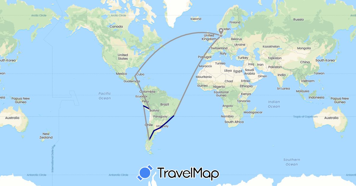 TravelMap itinerary: driving, plane in Argentina, Brazil, Denmark, Mexico, Panama, Peru (Europe, North America, South America)
